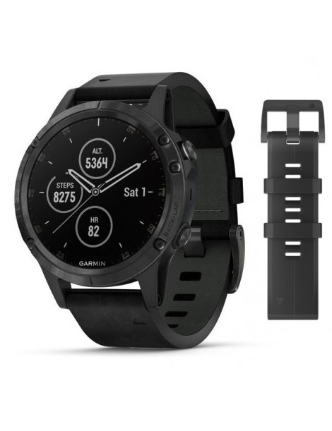 Garmin FENIX 5 PLUS Сапфірове скло, чорні з чорним шкіряним ремінцем