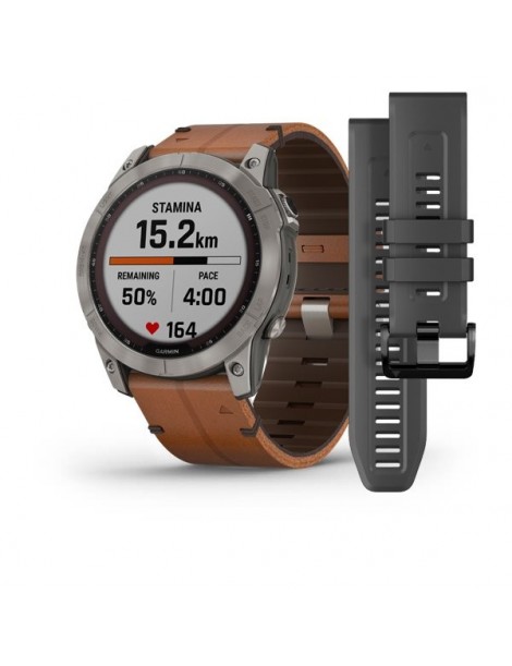 Garmin fenix 7X Sapphire Solar Titanium with Chestnut Leather Band (includes graphite silicone band)